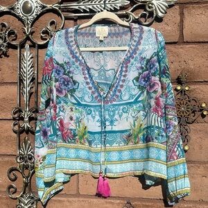 Asa Kaftans Long Sleeve Blouse Floral Sheer Rhinestone Tassels Size Medium NWOT